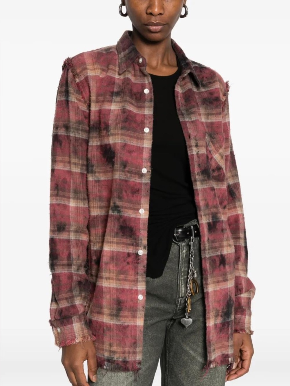 R13 Shredded Seam Drop Neck Shirt in Overdyed Purple Plaid